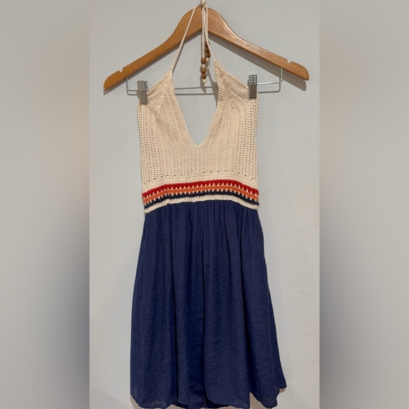 Speechless Dresses & Skirts - Speechless Navy Dress with Crochet Cream Bodice and Striped Waist